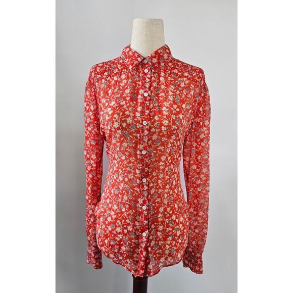 Veronica Beard Tops - Veronica Beard Women's Size 2 Orange Floral Button-Up Silk Long Sleeve Blouse